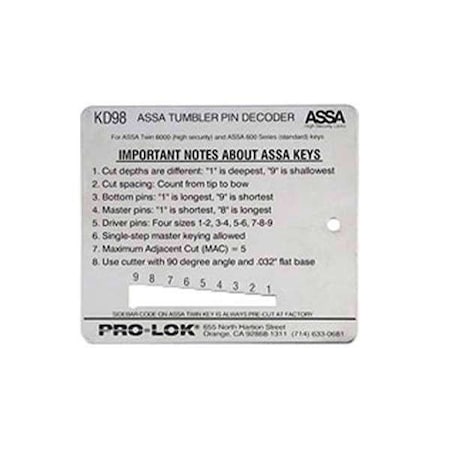Pro-Lok ProLok: Key Decoder-ASSA PRL-KD98